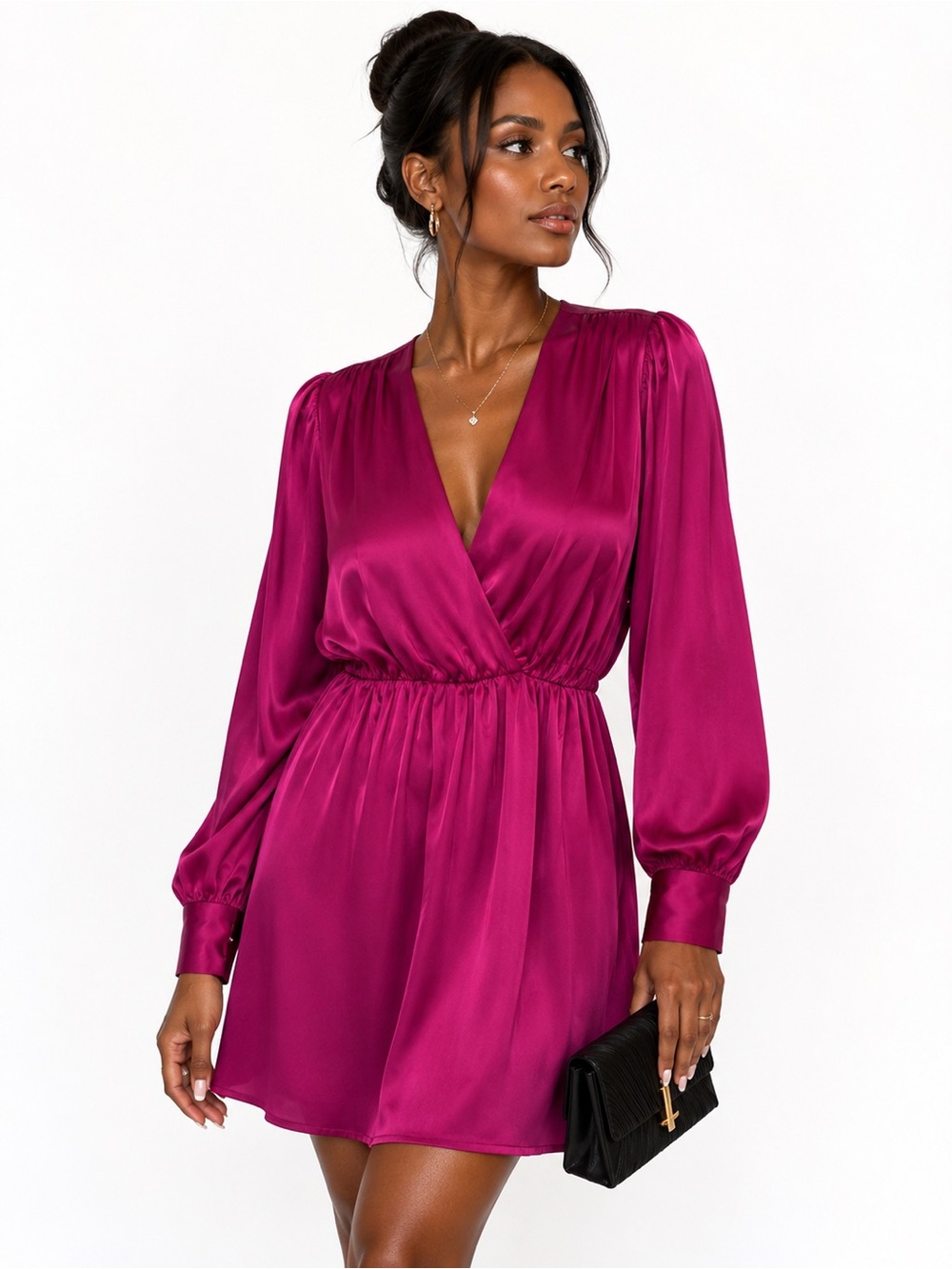 Express Fuchsia Satin Wrap Mini Dress Small Long Sleeve Tie Back